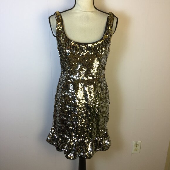 AIDAN MATTOX Mini Dress Size 6 Womans Gold Sequins Square Neck Sleeveless Party - Picture 1 of 15